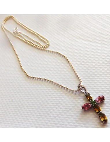 Croix tourmalines semi-précieuses, chaine argent