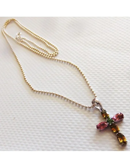 Croix tourmalines semi-précieuses, chaine argent