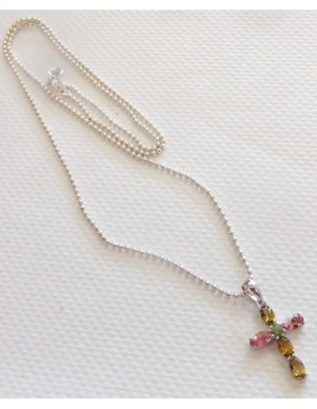 Croix tourmalines semi-précieuses, chaine argent