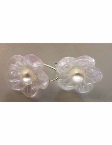Quartz rose perle fleur Boucles argent