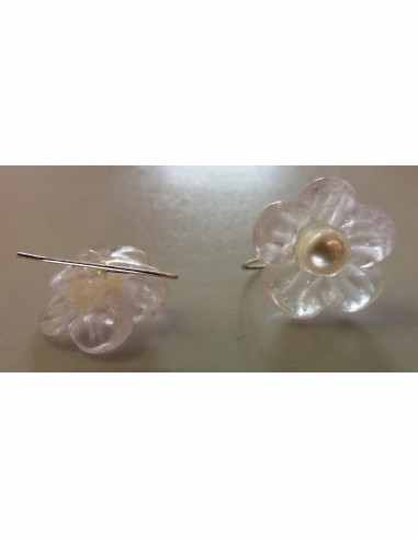 Quartz rose perle fleur Boucles argent