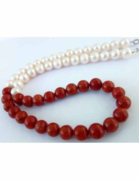 Collier corail rouge et perles 7mm