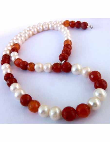 Collier perles, cornaline, corail rouge 8mm