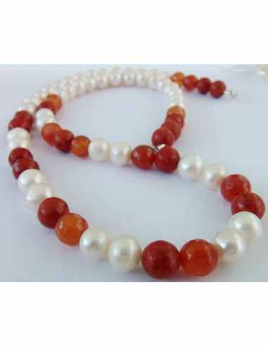 Collier perles, cornaline, corail rouge 8mm