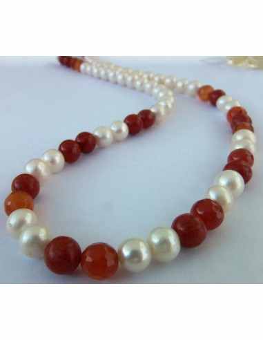 Collier perles, cornaline, corail rouge 8mm