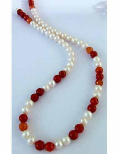 Collier perles, cornaline, corail rouge 8mm