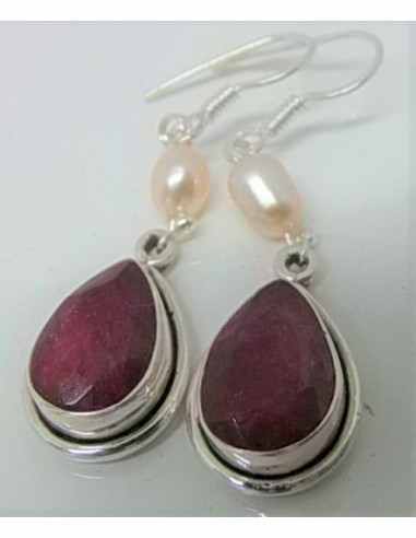 Boucles d'oreilles rubis et perles argent