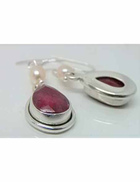 Boucles d'oreilles rubis et perles argent