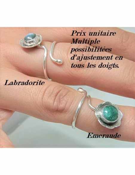 Bague reglable emeraude montee argent