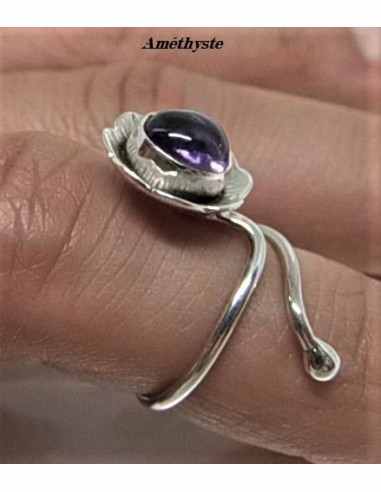 Bague reglable amethyste montee argent