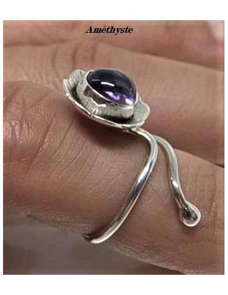 Bague reglable amethyste montee argent