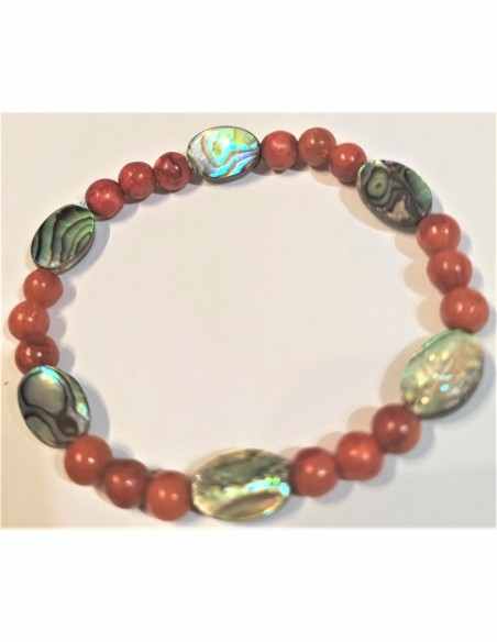 Bracelet Nacre bleue opalisee, corail rouge