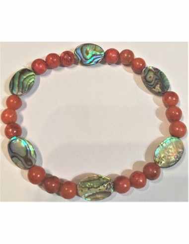 Bracelet Nacre bleue opalisee, corail rouge
