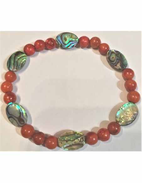 Bracelet Nacre bleue opalisee, corail rouge