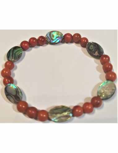 Bracelet Nacre bleue opalisee, corail rouge