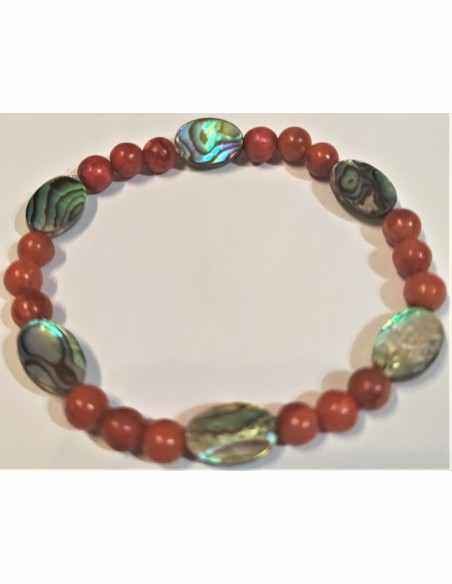 Bracelet Nacre bleue opalisee, corail rouge