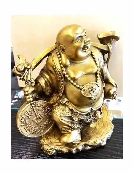 Bouddha de l'Abondance (Hotei) – Grande Sculpture en Laiton Doré