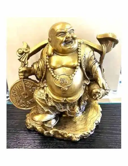 Bouddha de l'Abondance (Hotei) – Grande Sculpture en Laiton Doré