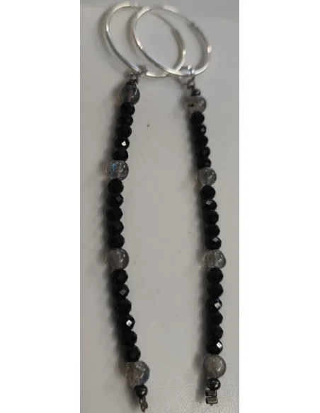 Longues Créoles "Éclat Nocturne" – Argent 925, Labradorite & Spinelle Noire