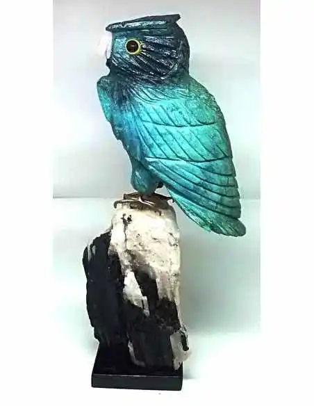 Grand hibou en chrysocolle sur quartz tourmaline