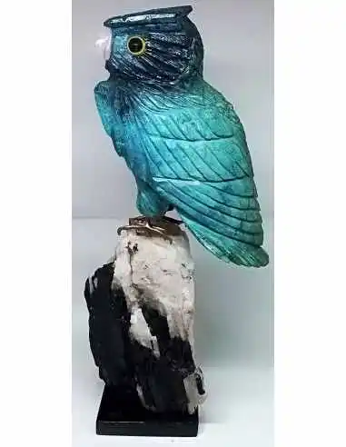 Grand hibou en chrysocolle sur quartz tourmaline