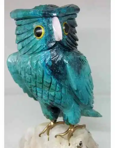 Grand hibou en chrysocolle sur quartz tourmaline